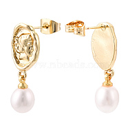 Natural Pearl Dangle Stud Earrings, Brass Human Earring with 925 Sterling Silver Pins, Real 18K Gold Plated, 25~26x9mm, Pin: 12x0.8mm(PEAR-N020-06M)