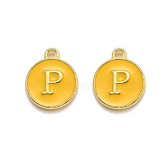 Golden Plated Alloy Enamel Charms, Enamelled Sequins, Flat Round with Alphabet, Letter.P, Yellow, 14x12x2mm, Hole: 1.5mm(ENAM-Q437-13P)