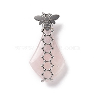 Natural Rose Quartz Pendants, with Stainless Steel Color Plated 304 Stainless Steel Bee Findings, with Jump Ring, Teardrop, 35~40x18~20x7~9mm, Jump Ring: 4x0.6mm, Inner diameter: 2.8mm(G-C243-03P)