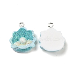 Ocean Theme Opaque Resin Pendants, with Glitter Powder and Platinum Tone Iron Loops, Scallop Charm, Light Sky Blue, Shell Pattern, 21.5x18.5x6mm, Hole: 2mm(RESI-J023-10A)