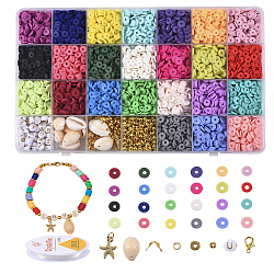 DIY Jewelry Making Kits, include 5576Pcs Handmade Polymer Clay Beads, 50Pcs Acrylic Beads, Alloy & Cowrie Shell Pendants, Iron Spacer Beads, Zinc Alloy Lobster Claw Clasps, Brass Bead Tips & Space Beads, Iron Open Jump Rings, Elastic Stretch Thread, Mixed Color, 6x0.5~1mm, Hole: 1.8~2mm(DIY-CJ0001-93)