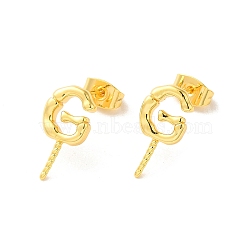 Brass Stud Earrings Findings, Letter G, for Half Drilled Beads, Real 18K Gold Plated, 15.5x8mm, Pin: 11x0.8mm and 1mm(EJEW-H128-04G)