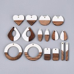 16Pcs 8 Styles Opaque Resin & Walnut Wood Pendants, Mixed Shapes Charms, Floral White, 21.5~49.5x4.5~38.5x2.5~4mm, Hole: 1.8~2mm, about 8 Styles(RESI-N053-23)