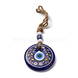 Flat Round with Evil Eye Lampwork Pendant Decoration, Resin Beads and Hemp Rope Hanging Ornaments, Dark Blue, 210~235mm(HJEW-Z005-01F)