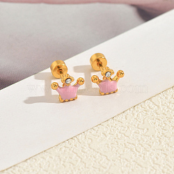 Stainless Steel Enamel Crown Stud Earrings, with Clear Cubic Zirconia, Golden, Pink, 11x8mm(JB5965-5)
