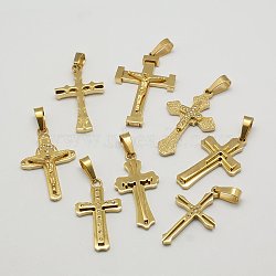 304 Stainless Steel Pendants, with Rhinestone, Mixed Style, Golden Metal Color, Cross, Cross, 28~33x15~22x2.5~6mm, Hole: 7x4mm(STAS-I001-M3)