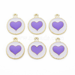 Alloy Enamel Pendants, Light Gold, Cadmium Free & Nickel Free & Lead Free, Flat Round with Heart, Dark Orchid, 18x15x1.5mm, Hole: 1.6mm(PALLOY-S181-039D-NR)