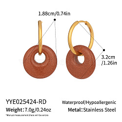 Flat Round 304 Stainless Steel Hoop Earrings, with Natural Gemstones, Real 18K Gold Plated, 32x18.8mm(MP0677-2)