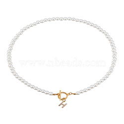 1Pc Brass Clear Cubic Zirconia Letter Pendant Necklaces, White Imitation Pearl Beaded Necklaces, with Stainless Steel Toggle Clasps, Lead Free & Nickel Free & Cadmium Free, Golden, Letter H, 17.72~18.23 inch(45~46.3cm)(NJEW-LP0001-32H)