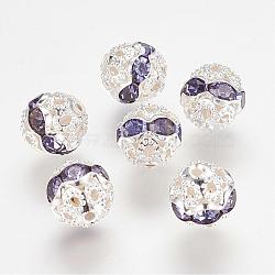 Brass Rhinestone Beads, Grade A, Silver Color Plated, Round, Violet, 8mm, Hole: 1mm(RB-A011-8mm-26S)