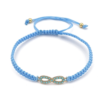 Adjustable Nylon Cord Braided Bead Bracelets, with Alloy Resin Link and Round Brass Round Beads, Infinity, Light Sky Blue, Inner Diameter: 2-3/8~4-3/8 inch(6.2~11cm)