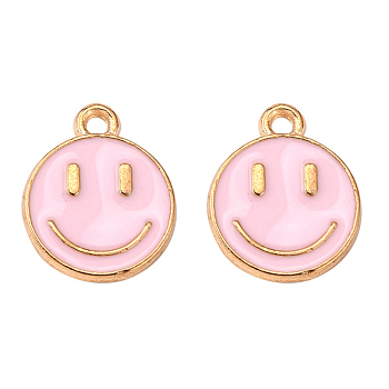 Alloy Enamel Charms, Cadmium Free & Lead Free, Smiling Face, Light Gold, Pearl Pink, 14.5x12x1.5mm, Hole: 1.5mm