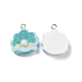 Ocean Theme Opaque Resin Pendants, with Glitter Powder and Platinum Tone Iron Loops, Scallop Charm, Light Sky Blue, Shell Pattern, 21.5x18.5x6mm, Hole: 2mm