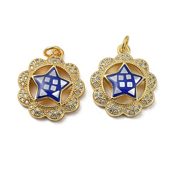 Brass Micro Pave Cubic Zirconia Pendants, with Enamel Shell, Flower with Star, Medium Blue, 21x18x4.5mm