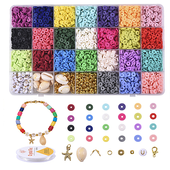 DIY Jewelry Making Kits, include 5576Pcs Handmade Polymer Clay Beads, 50Pcs Acrylic Beads, Alloy & Cowrie Shell Pendants, Iron Spacer Beads, Zinc Alloy Lobster Claw Clasps, Brass Bead Tips & Space Beads, Iron Open Jump Rings, Elastic Stretch Thread, Mixed Color, 6x0.5~1mm, Hole: 1.8~2mm