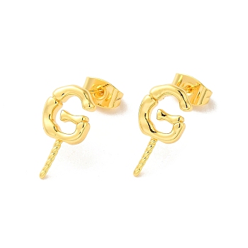 Brass Stud Earrings Findings, Letter G, for Half Drilled Beads, Real 18K Gold Plated, 15.5x8mm, Pin: 11x0.8mm and 1mm