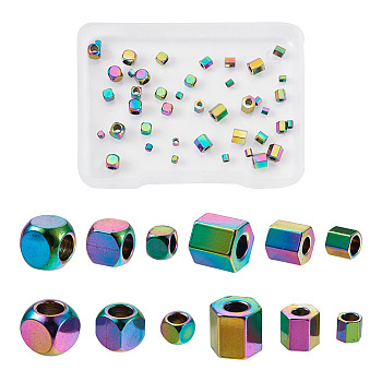 48Pcs 6 Styles Vacuum Plating 304 Stainless Steel Spacer Beads, Hexagon & Cube, Rainbow Color, 2~4x2~4x2~4mm, Hole: 1.4~2.3mm, 8pcs/style