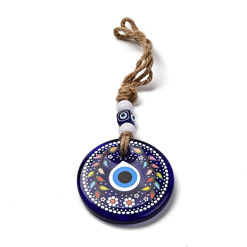 Flat Round with Evil Eye Lampwork Pendant Decoration, Resin Beads and Hemp Rope Hanging Ornaments, Dark Blue, 210~235mm