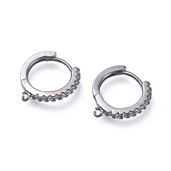 Brass Micro Pave Cubic Zirconia Huggie Hoop Earring Findings, with Horizontal Loops, Ring, Clear, Gunmetal, 15.5x14.5x2mm, Hole: 1mm, pin: 0.9mm