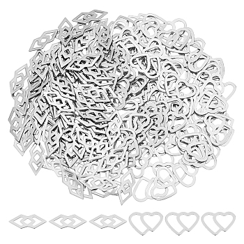 DICOSMETIC 200Pcs 2 Style 304 Stainless Steel Linking Rings, Double Heart & Double Rhonmbus, Stainless Steel Color, 9.5~15x6~13.5x0.5mm, 100pcs/style