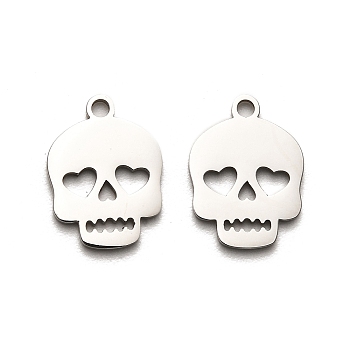 Halloween 316 Surgical Stainless Steel Charms, Laser Cut, Skull Charm, Stainless Steel Color, 15x11x1mm, Hole: 1.6mm