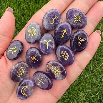 Oval Natural Amethyst Rune Stones, Healing Stones for Chakras Balancing, Crystal Therapy, Meditation, Reiki, Divination, 20x15mm, 13pcs/set