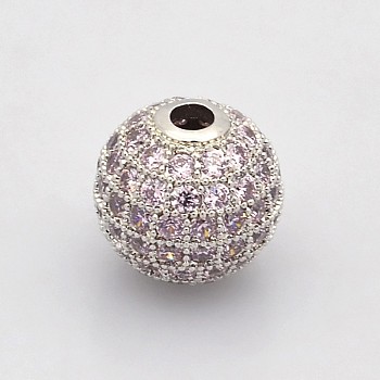 CZ Brass Micro Pave Grade AAA Thistle Color Cubic Zirconia Round Beads, Cadmium Free & Nickel Free & Lead Free, Platinum, 8mm, Hole: 1.7mm