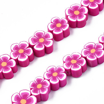 Handmade Polymer Clay Bead Strands, Flower, Medium Violet Red, 7.5~10x7~11x3.5~5mm, Hole: 1.6mm, about 38~40pcs/strand, 13.58 inch~14.57 inch(34.5~37cm)