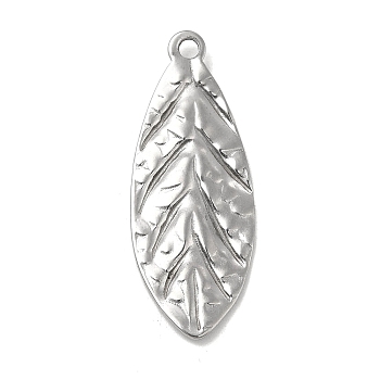 Textured 304 Stainless Steel Pendants, Leaf Charms, Stainless Steel Color, 40x15x1mm, Hole: 2.5mm