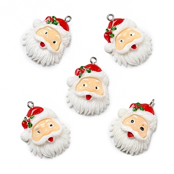Opaque Resin Pendants, with Platinum Tone Iron Loops, Christmas Theme, Santa Claus, White, 31x23x7.5mm, Hole: 1.8mm