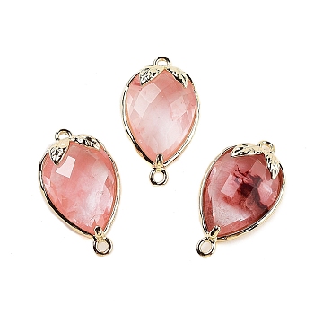 Cherry Quartz Glass Faceted Teardrop Connector Charms, Brass Strawberry Links, Golden, 20x11.5x5mm, Hole: 1.2mm