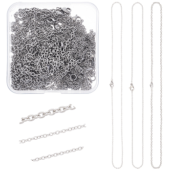 Unicraftale 24Pcs 3 Styles 304 Stainless Steel Necklace, Cable Chains, with Lobster Clasps, Stainless Steel Color, 17.72~23.6 inch(45~60cm), 8pcs/style