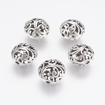 Tibetan Style Alloy Beads, Hollow, Flat Round, Antique Silver, 17x12mm, Hole: 2mm