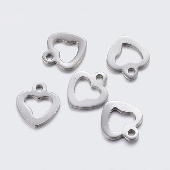 304 Stainless Steel Open Heart Charms, Cut-Out, Hollow, Stainless Steel Color, 10x9x1~1.1mm, Hole: 1.2~1.4mm