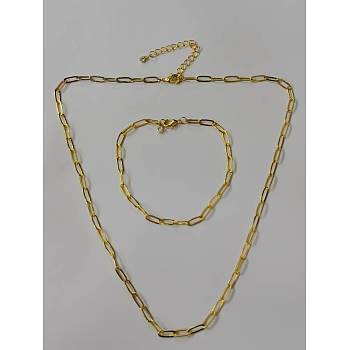 Brass Paperclip Chains Necklaces & Bracelets Sets, with Brass Lobster Claw Clasps and Iron Chain Extender, Golden, 17.13 inch(43.5cm), 7-5/8 inch(19.5cm)