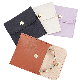 Elite 4Pcs 4 Colors PU Imitation Leather Jewelry Storage Bags, with Golden Tone Snap Buttons, Square, Mixed Color, 7.9x8x0.75cm, 1pc/color