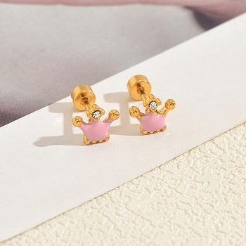 Stainless Steel Enamel Crown Stud Earrings, with Clear Cubic Zirconia, Golden, Pink, 11x8mm
