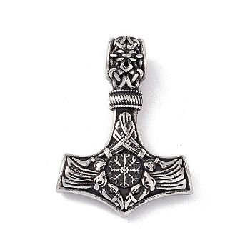 304 Stainless Steel Manual Polishing Pendants, Thor's Hammer, Antique Silver, 45x33x7mm, Hole: 6.5x8mm