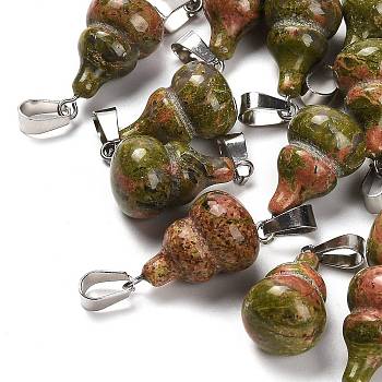 Natural Unakite Pendants, with 201 Stainless Steel Finding, Gourd, 22~23x13mm, Hole: 4x7mm