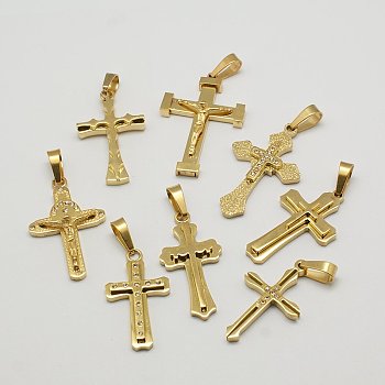 304 Stainless Steel Pendants, with Rhinestone, Mixed Style, Golden Metal Color, Cross, Cross, 28~33x15~22x2.5~6mm, Hole: 7x4mm