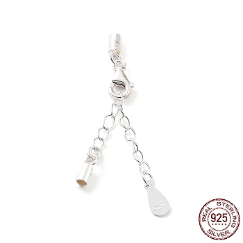 925 Sterling Silver Curb Chain Extender, End Chains with Lobster Claw Clasps and Cord Ends, Teardrop Chain Tabs, with S925 Stamp, Silver, 24mm