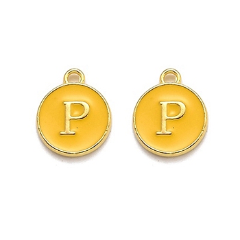 Golden Plated Alloy Enamel Charms, Enamelled Sequins, Flat Round with Alphabet, Letter.P, Yellow, 14x12x2mm, Hole: 1.5mm