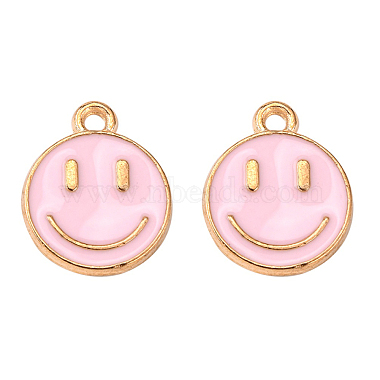 Light Gold Pearl Pink Flat Round Alloy+Enamel Charms