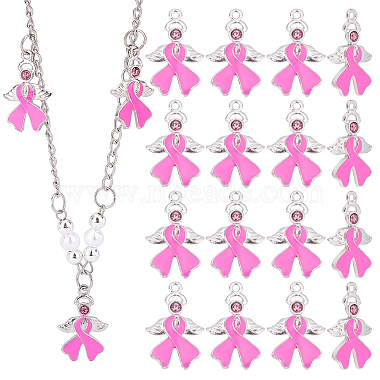 Platinum Pearl Pink Awareness Ribbon Alloy Rhinestone+Enamel Pendants