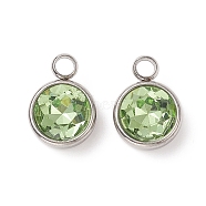 Glass Charms, May Birthstone Charms, Faceted, with 304 Stainless Steel Findings, Flat Round, Light Green, 14x10x6.5mm, Hole: 2.5mm(GLAA-G019-P13)