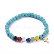 Salvation Bracelet, Stretch Charm Bracelets, with Synthetic Turquoise Beads, Natural Gemstone Beads and 304 Stainless Steel Cross Charms, Round, Light Sea Green, Inner Diameter: 2 inch(5cm), Bead: 6~6.5mm(BJEW-JB05208-02)