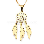 201 Stainless Steel Pendants Necklaces, with Cable Chains and Lobster Claw Clasps, Woven Net/Web with Feather, Golden, 17.71 inch(45cm), 1.5mm(NJEW-S105-JN727-45-2)