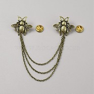 Double Bee Hanging Chain Brooch, Alloy Tassel Lapel Pin for Suit Shirt Collar, Antique Golden, 170mm(JEWB-WH0030-19AG)