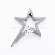304 Stainless Steel Pendants, with Cubic Zirconia, Star, Stainless Steel Color, 33x24.5x6mm, Hole: 3mm(STAS-H424-08P)