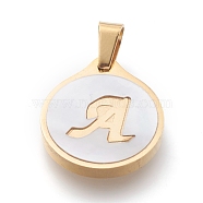 304 Stainless Steel Pendants, with Shell, Flat Round with Alphabet, Golden, Letter.A, 20.5x18x2.5mm, Hole: 7x4mm(STAS-O138-21p-A)